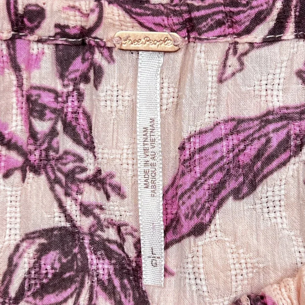 Free‎ People Sunbaked Swing Dress in Petal Pink Floral Crepe Ruffled Sz L - NWOT